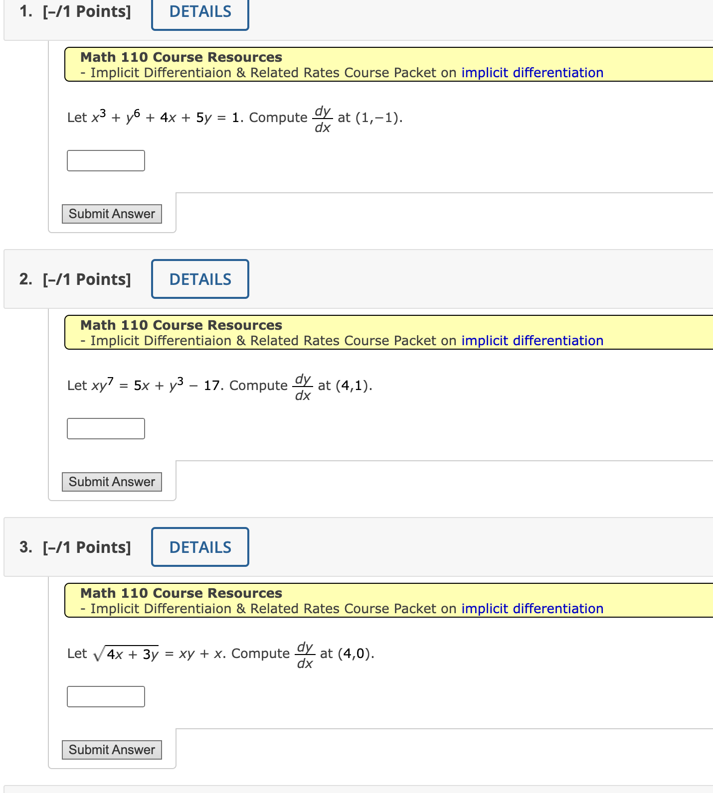 = 5x + y3 - 17. Compute (2? at (4,1). Submit Answer