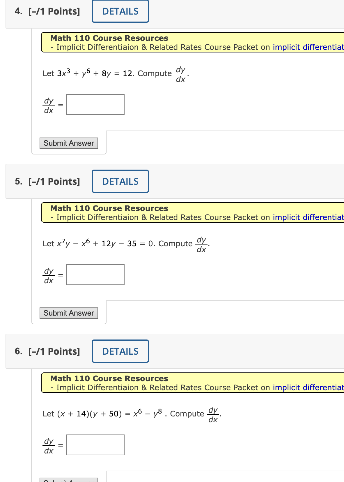 3. [-11 Points] DETAILS Math 110 Course Resources - Implicit Differentiaion &