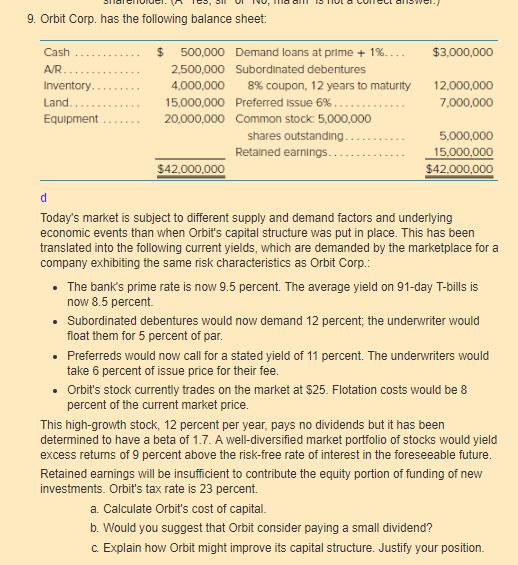 Orbit Corp has the following balance sheet Equ'pment S sooooo 2. sooooo