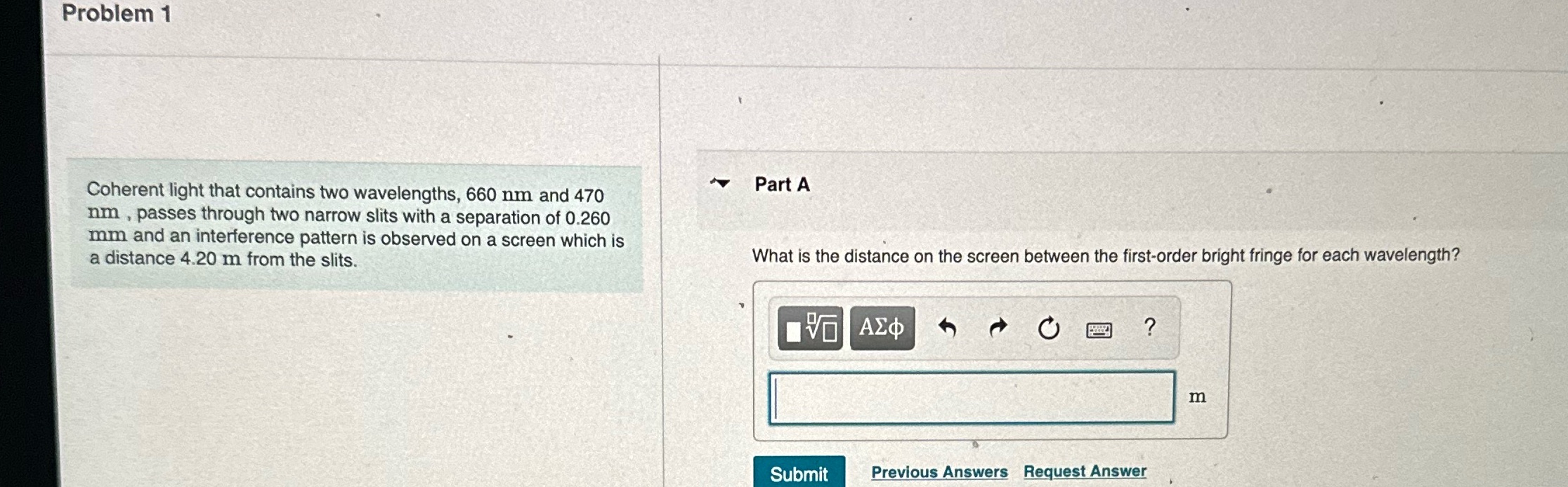 What is the distance on the screen between the first order bright