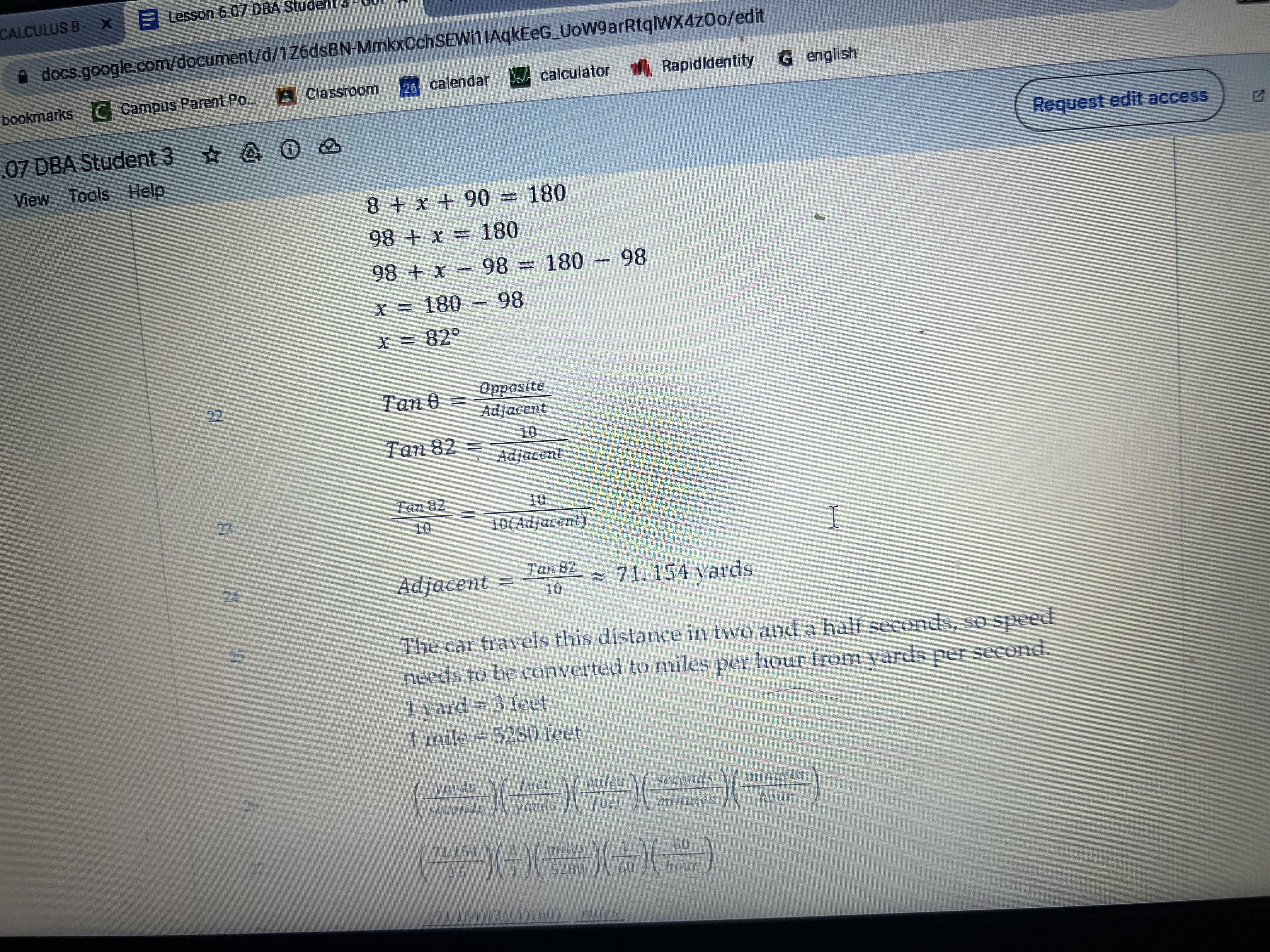 face makes a 62" angle with the ground, how far is her