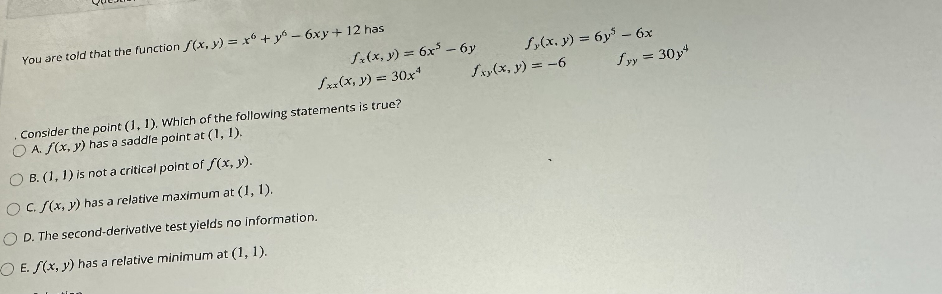 (x, ) = -6 f vy = 30y4 Consider the point (1,