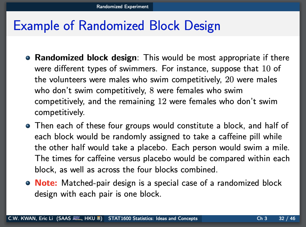 Randomized Experiment Example of Randomized Block Design 0 Randomized block design: