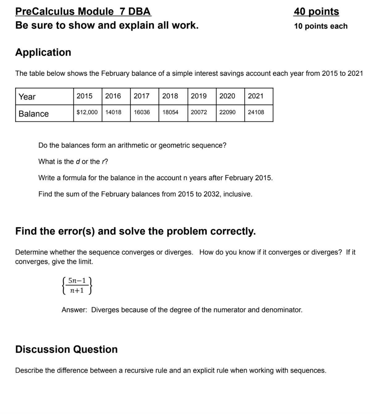 PreCalculus Module 7 DBA 40 points Be sure to show and