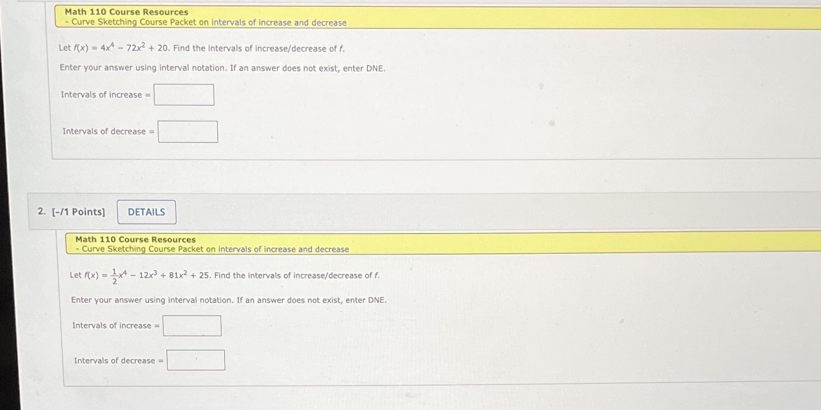  Math 110 Course Resources - Curve Sketching Course Packet on intervals