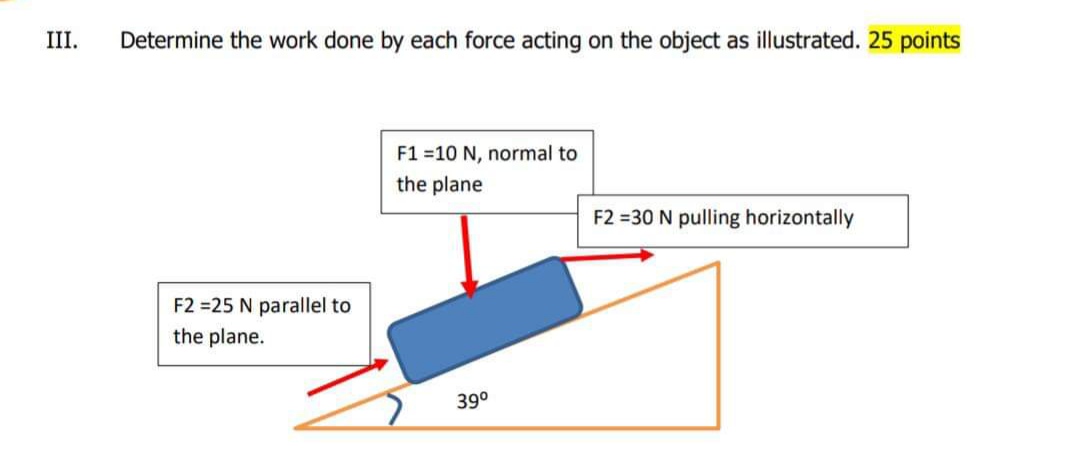 III. Determine the work done by each force acting on the