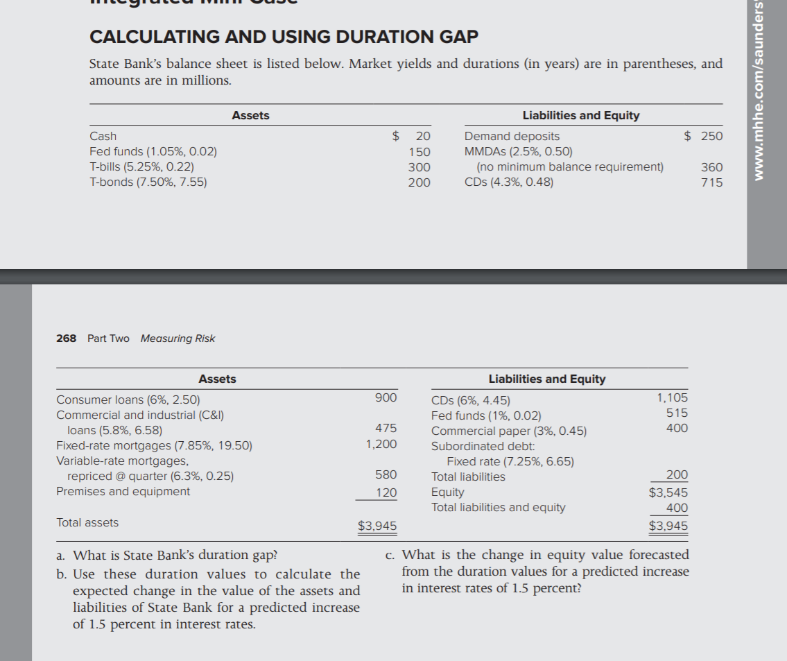 CALCULATING AND USING DURATION GAP State Bank's balance sheet is listed below.