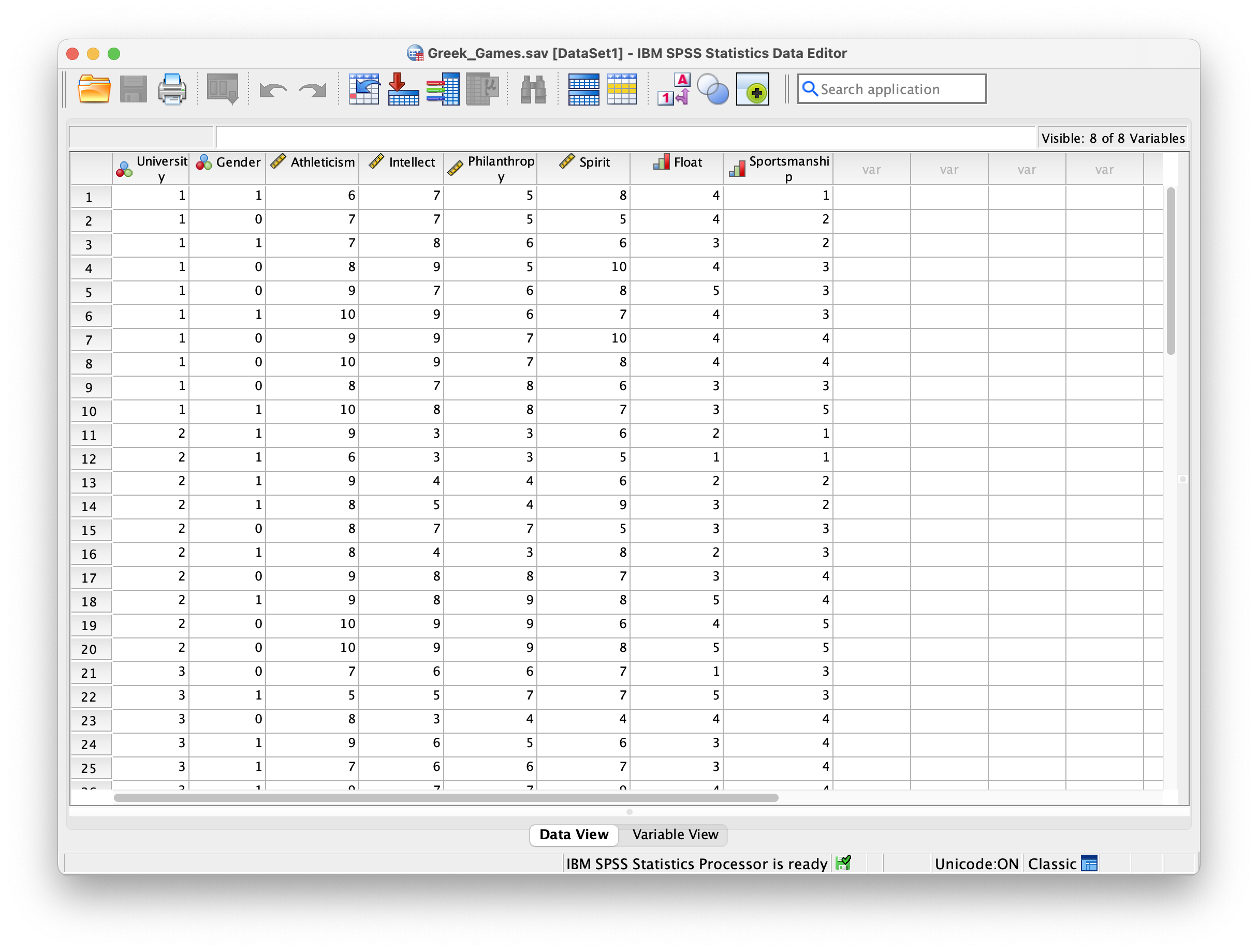 Using the SPSS data set Greek_Games, what is the meanfor School Spirit