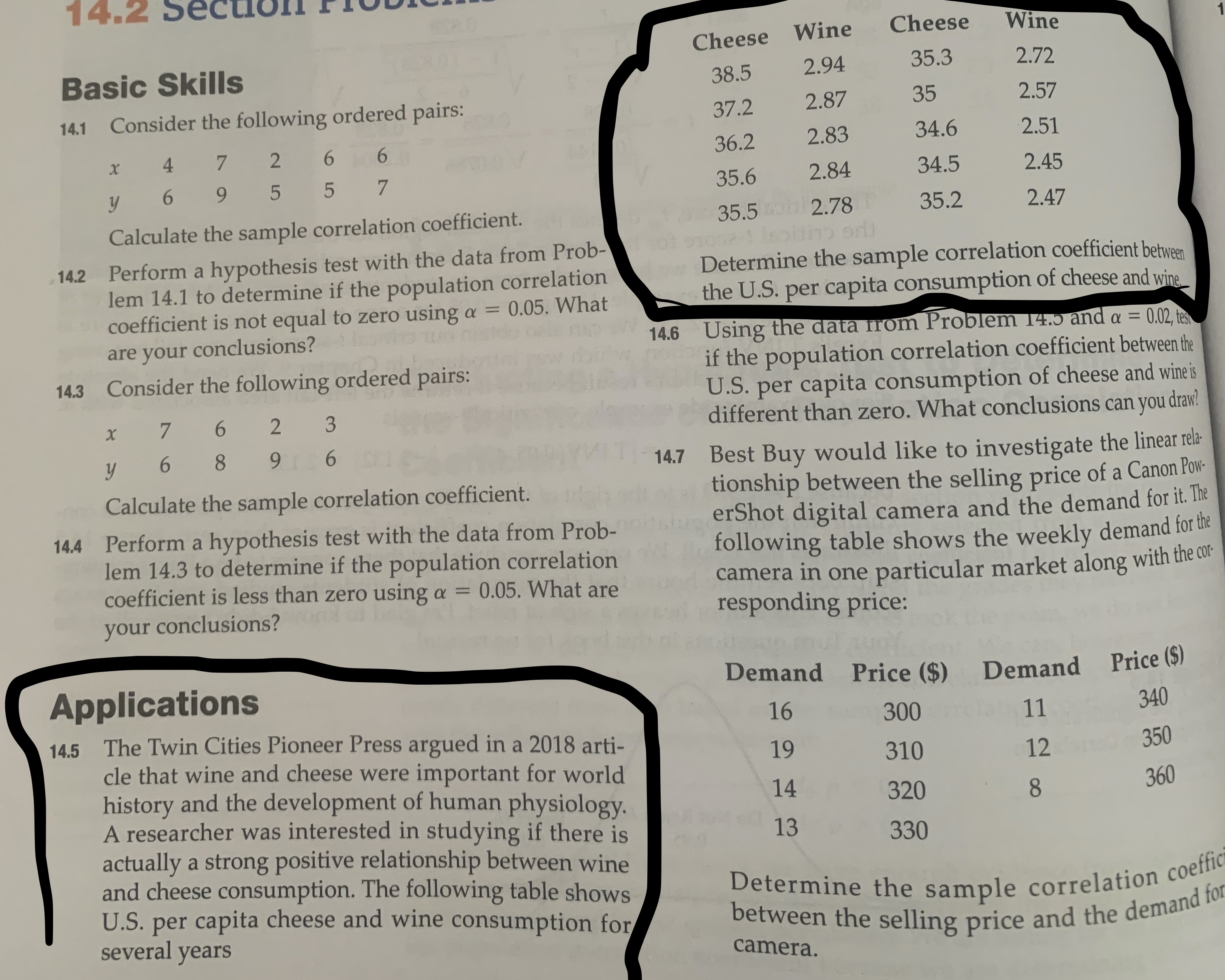 Use the Excel formula "CORREL" to solve problems 14.5 (circleed one) in