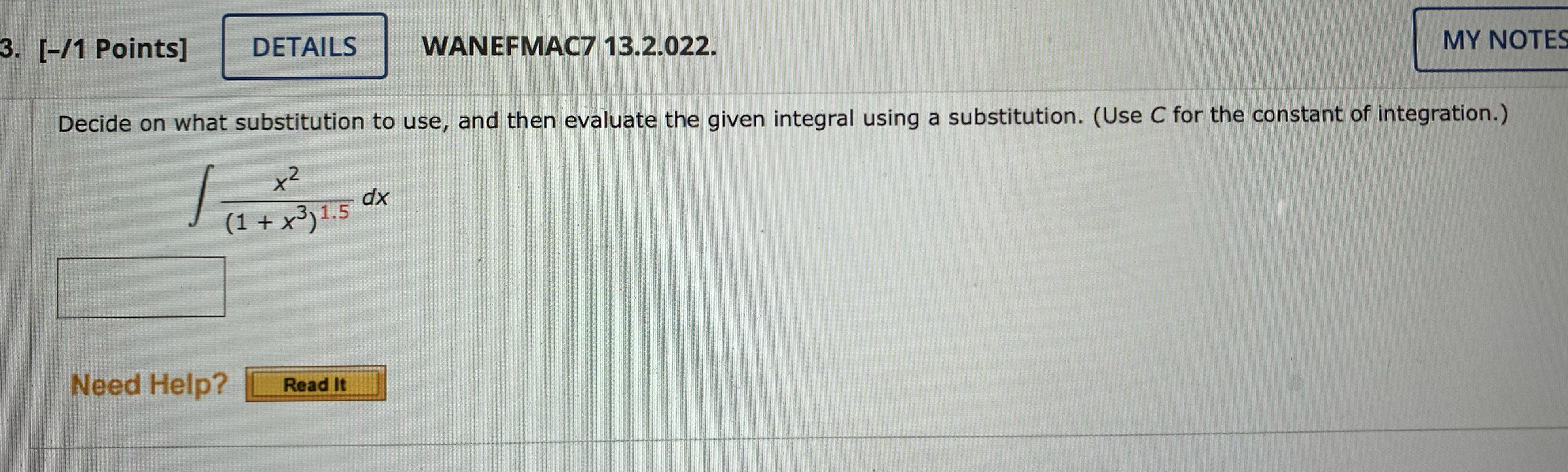 1.5 x Need Help? Read It[-/1 Points] DETAILS WANEFMAC7 13.2.019.MI. MY NO