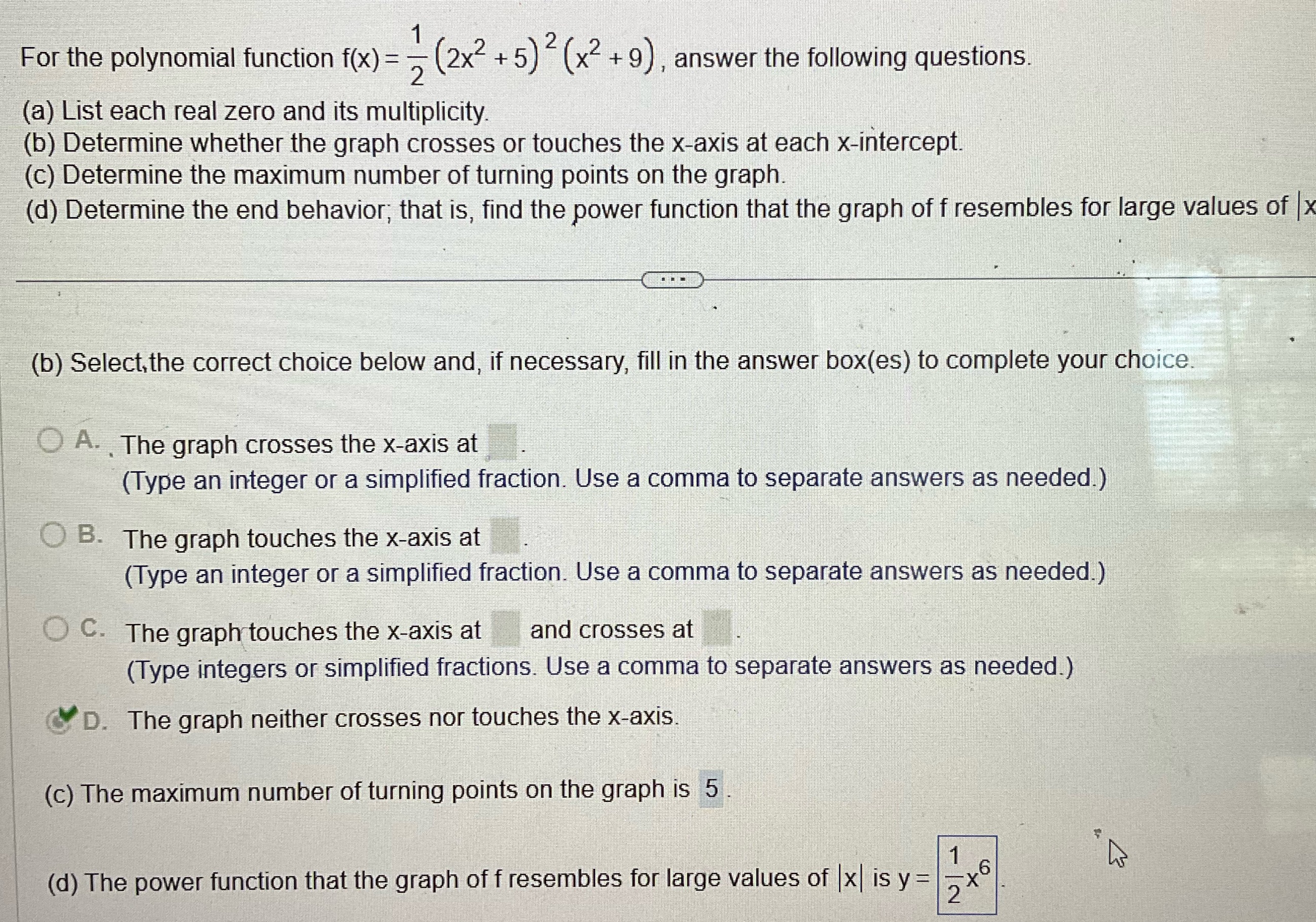 What's part D For the polynomial function f(x) = (2x2 + 5)