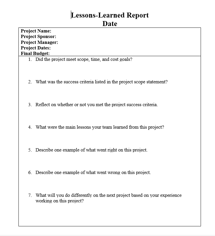 Design a short questionnaire for a lessons learned session on a wedding