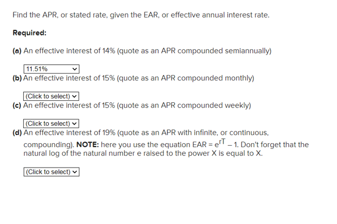 finance question Find the APR, or stated rate, given the EAR, or