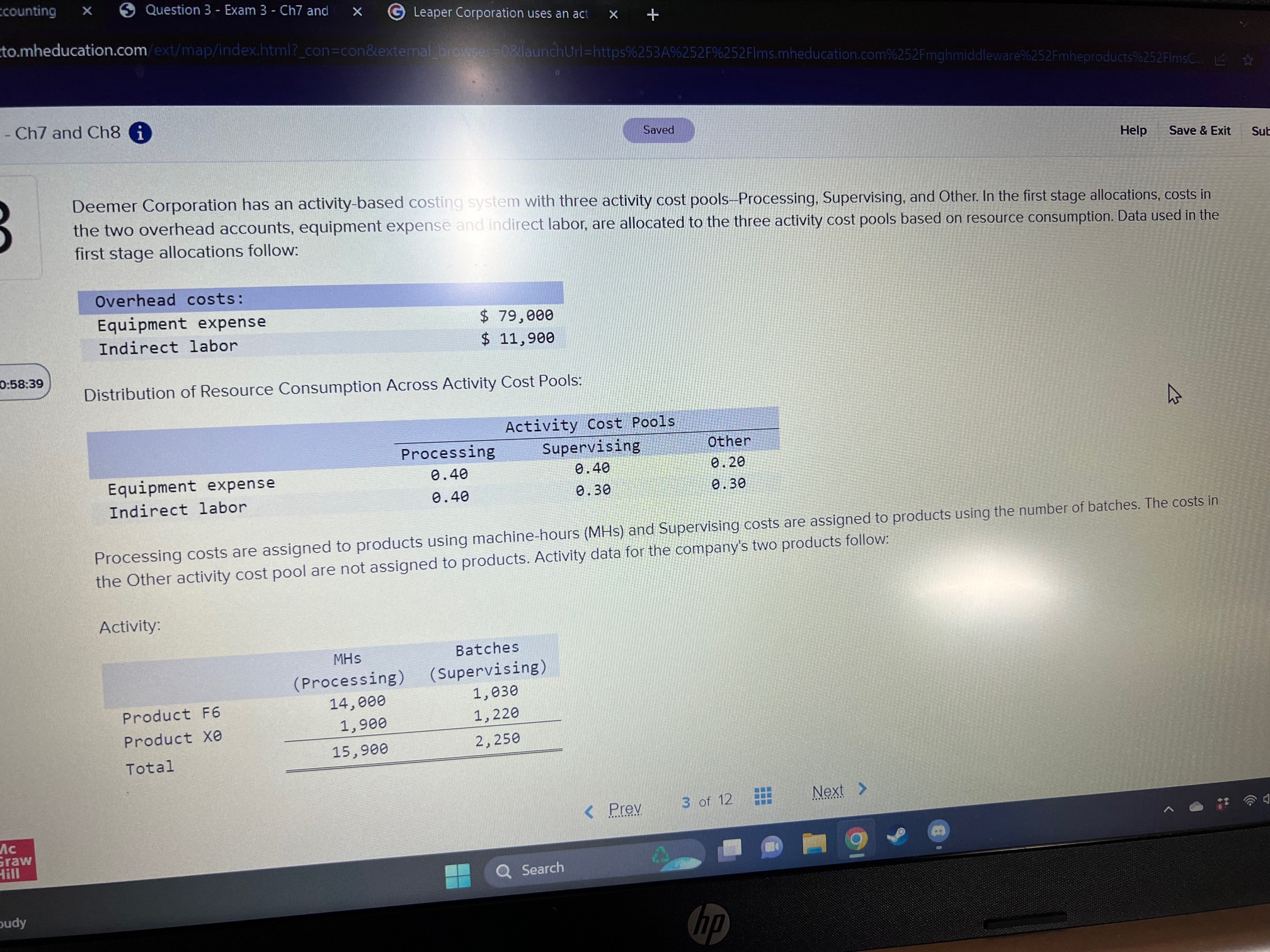 Corporation uses activity-based costing to compute product margins. Overhead costs have already