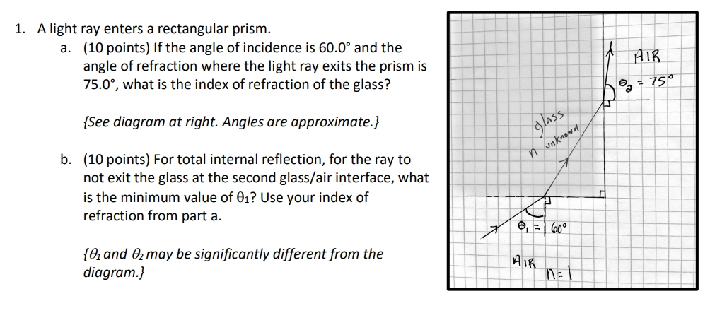Show all your work! 1. A light ray enters a rectangular prism.