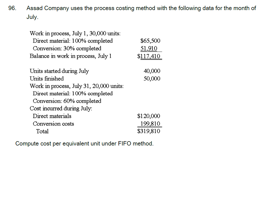  96. Assad Company uses the process costing method with the following