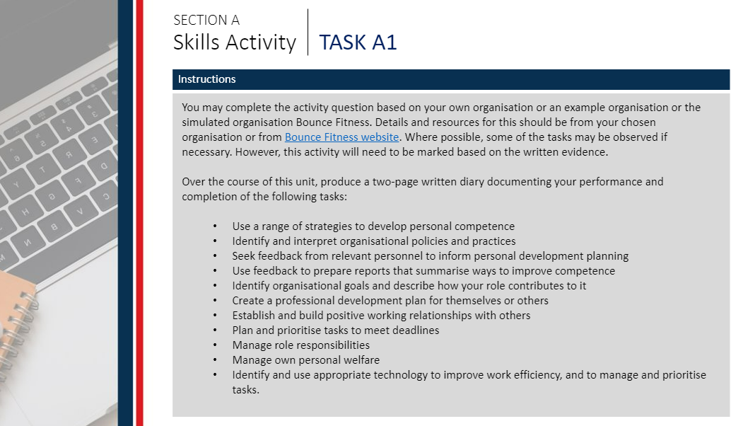 an example organisation or the simulated organisation Bounce Fitness. Details and resources