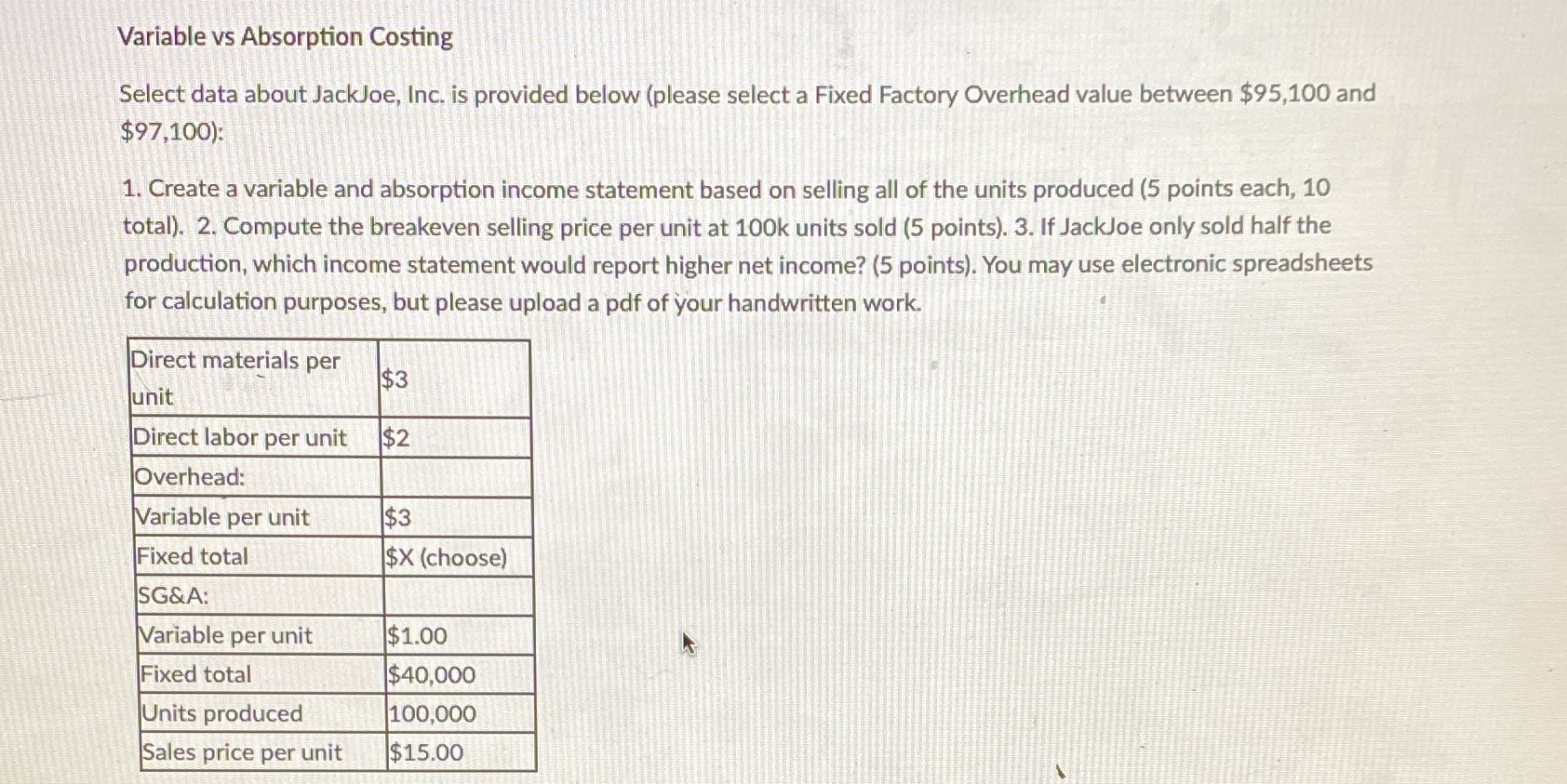  Variable vs Absorption Costing Select data about JackJoe, Inc. is provided