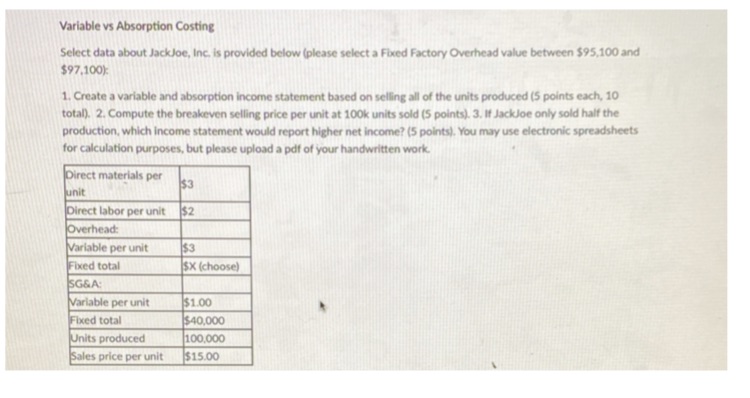 In a legible format Variable vs Absorption Costing Select data about JackJoe,