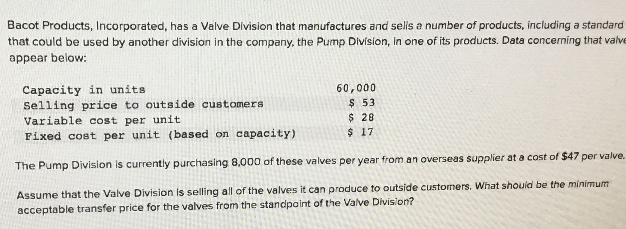 What should be the minimum acceptable transfer price for the valves from