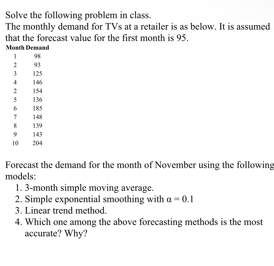  Solve the following problem in class. The monthly demand for TVs