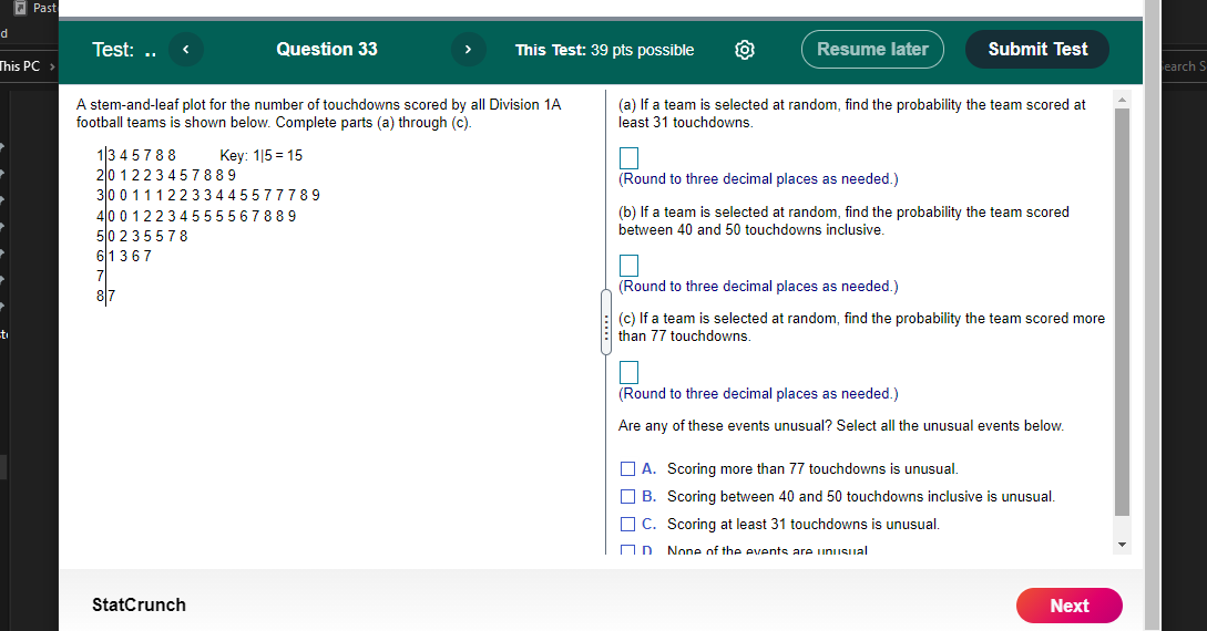  Past d Test: .. earch S A stem-and-leaf plot for the