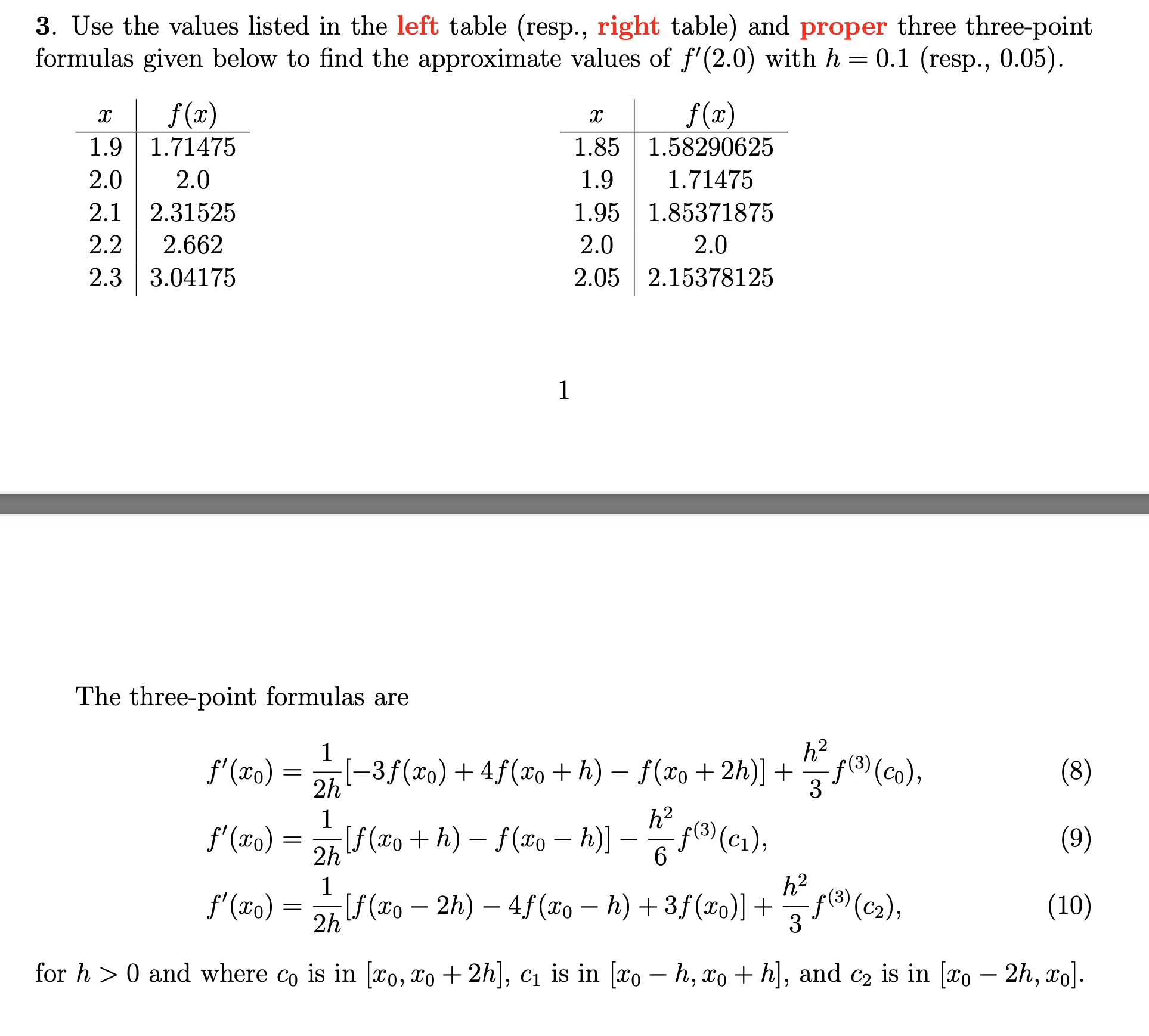 values of f'(2.0) with h = 0.1 (resp., 0.05). f (x) f