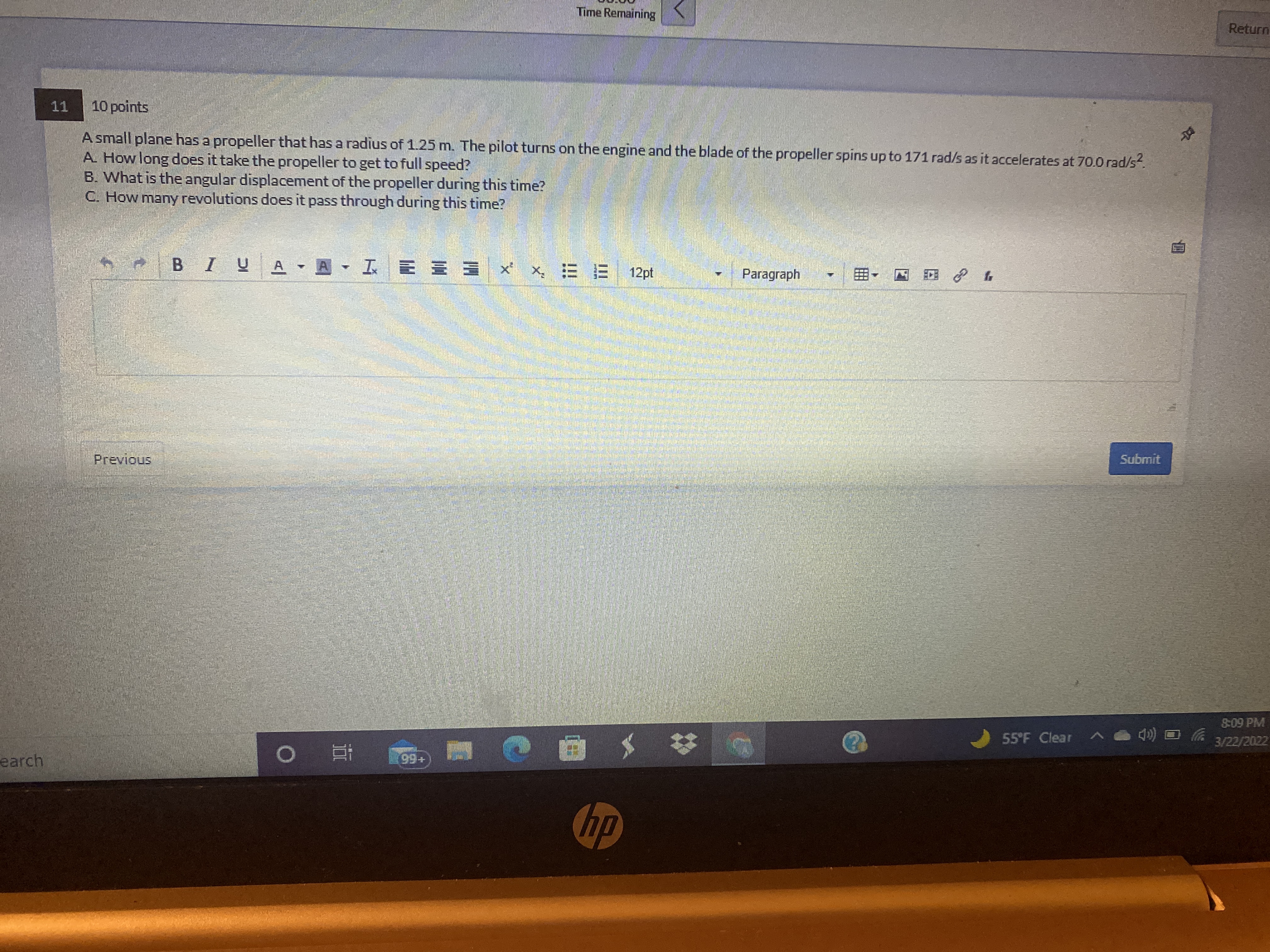  Time Remaining Return 11 10 points A small plane has a