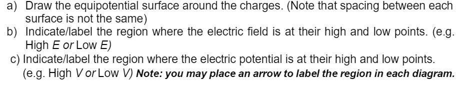 a) Draw the equipotential surface around the charges. (Note that spacing