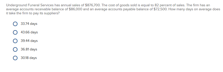 Underground Funeral Services has annual sales of $876,700. The cost of goods