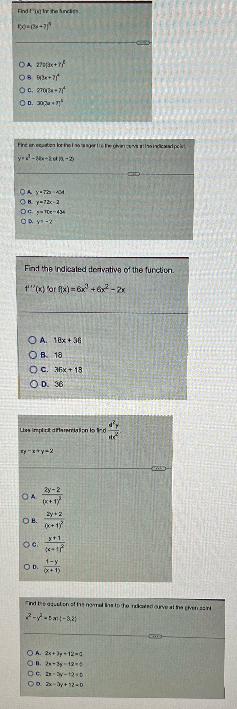 Plz solve with option A-D Find ("(x) for the function. f(x) =