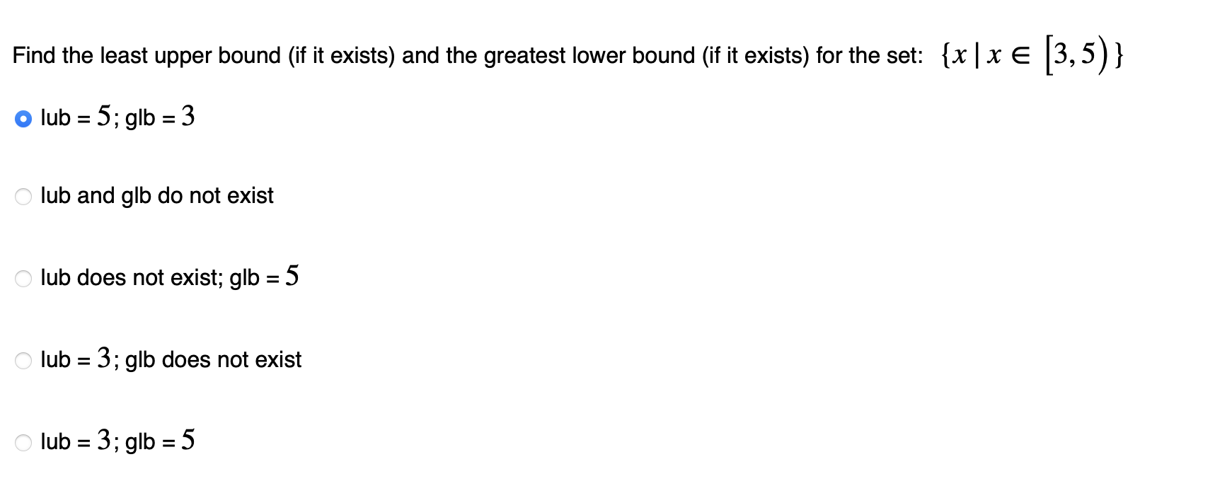 lower bound (if it exists) for the set: {x | x 6