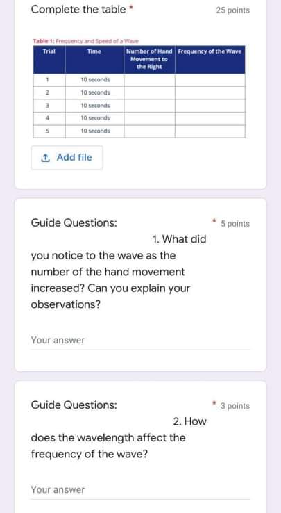 Complete the table * 25 points Table 1: Frequency and Speed