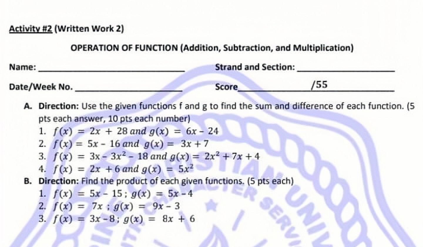 Activity #2 (Written Work 2) OPERATION OF FUNCTION (Addition, Subtraction, and