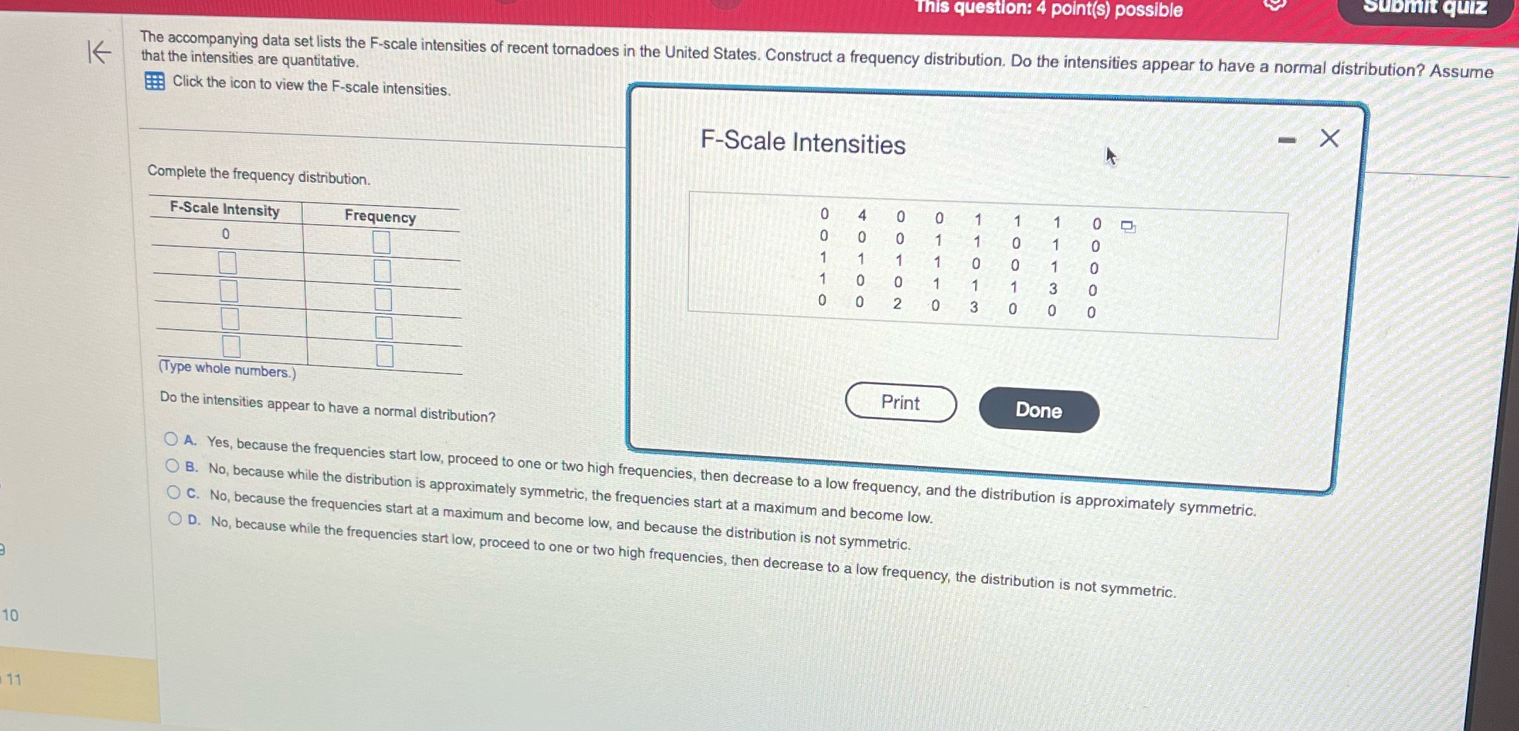 Submit quiz This question: 4 point(s) possible The accompanying data set