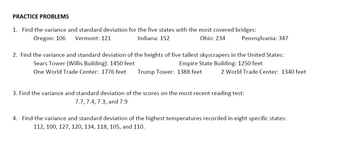 Need help with all pls PRACTICE PROBLEMS 1. Find the variance and