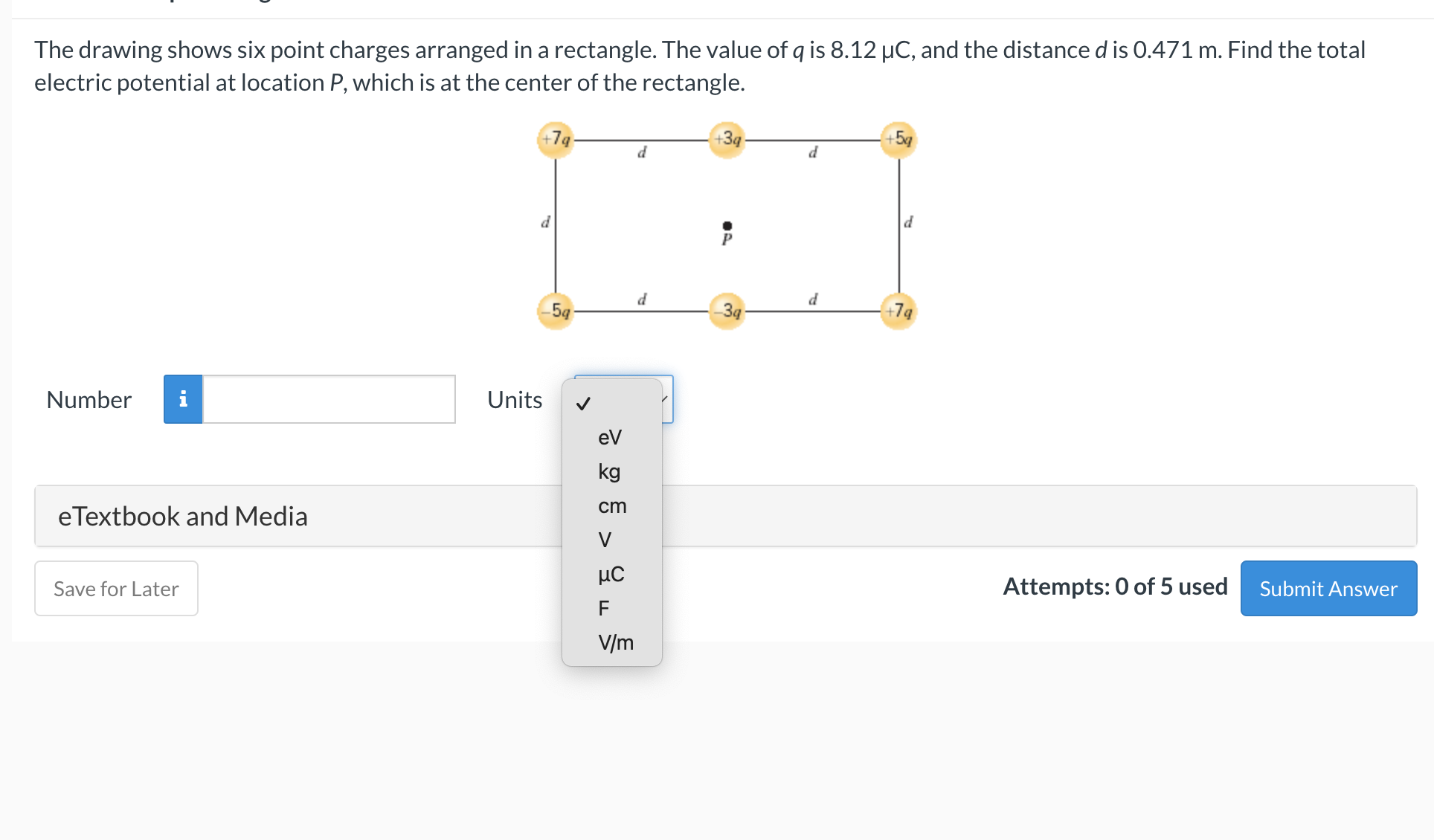  The drawing shows six point charges arranged in a rectangle. The