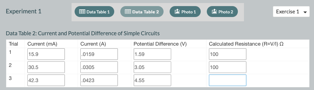 2 Exercise 1 Data Table 2: Current and Potential Difference of Simple