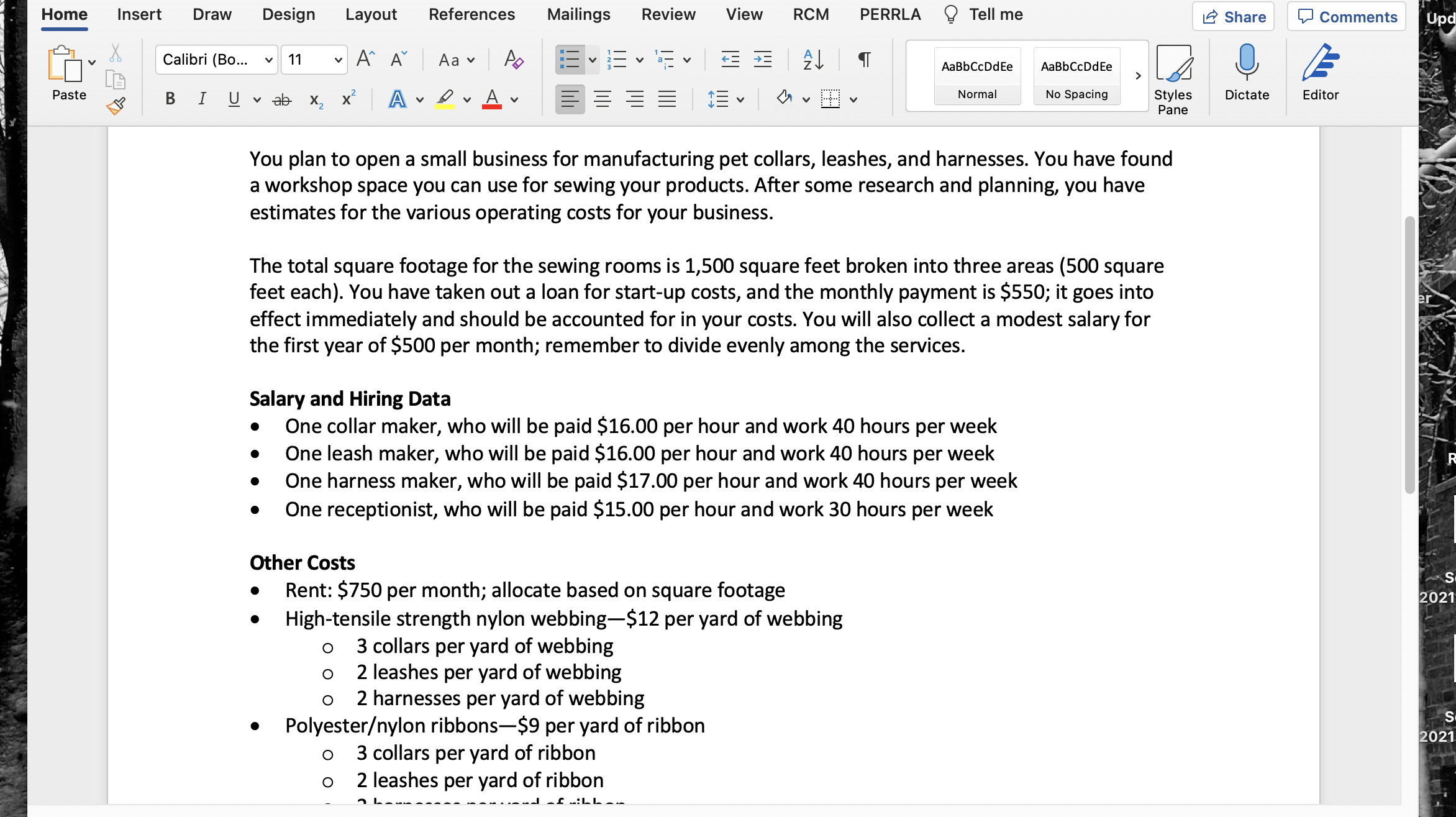  Home insert Draw Design Layout References Mailings Review View RCM PERRLA