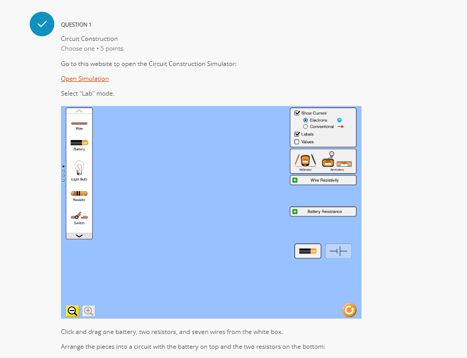 circuit with the battery on top and the two resistors on the