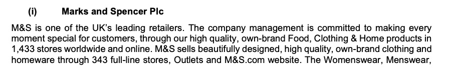  (i) Marks and Spencer Plc M&S is one of the UK's