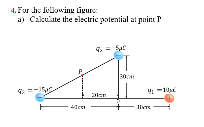 For the following figure: 4. a) Calculate the electric potential at point