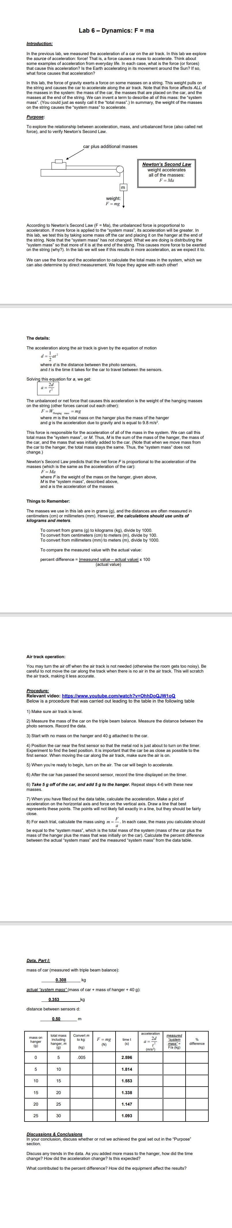  Lab 6 - Dynamics: F = ma Introduction: In the previous