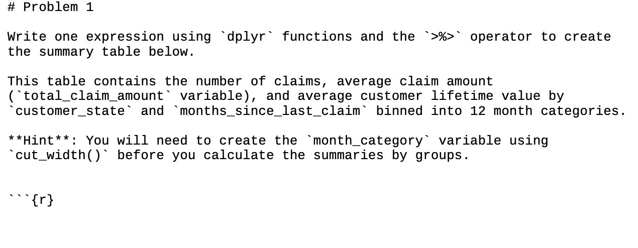 '>%>' operator to create the summary table below. This table contains the