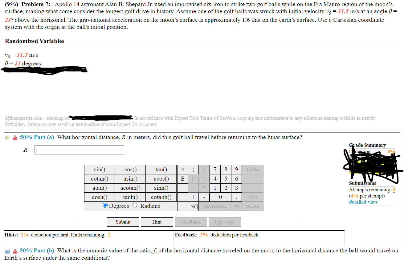 with initial velocity vo = 31.5 m/'s at an angle 0 =