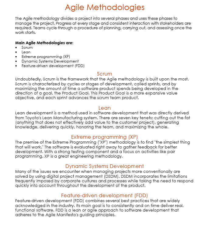 Agile Methodologies The Agile methodology divides a project into several phases