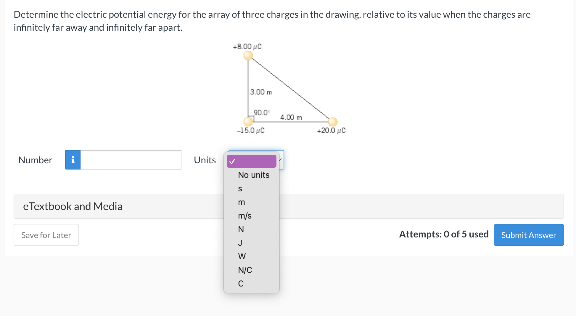  Determine the electric potential energy for the array of three charges