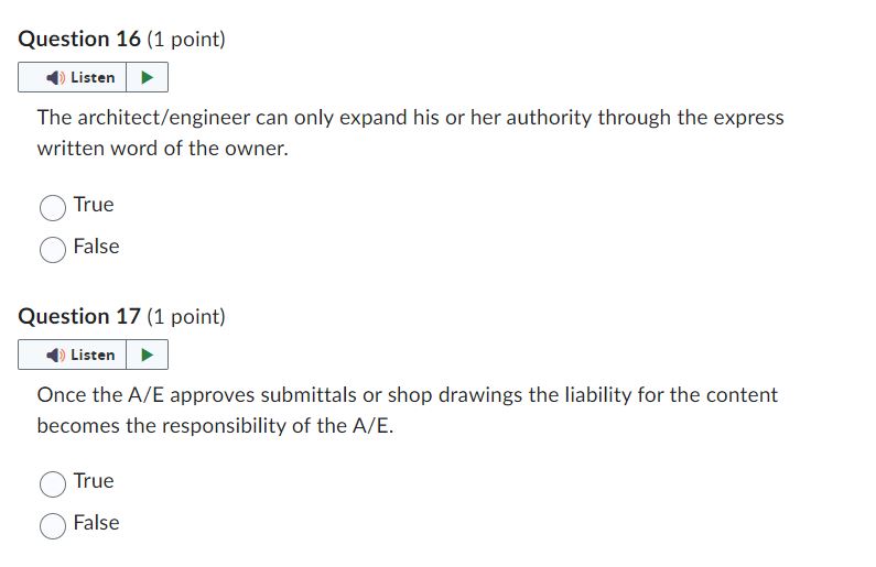 0 False Question 1611 point} I:I The architectXengineer can only expand his