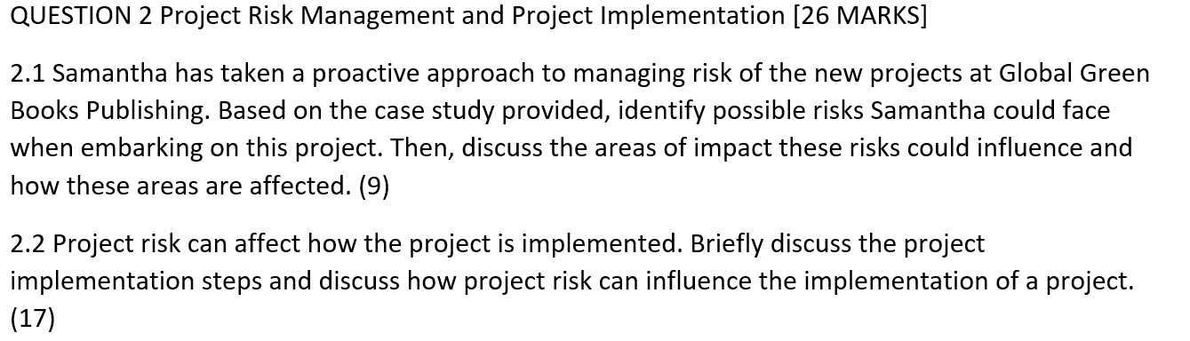 QUESTION 2 Project Risk Management and Project Implementation [26 MARKS] 2.1