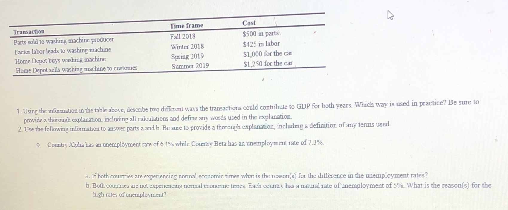 please answer each question carefully thanks Transaction Time frame Cost Parts sold